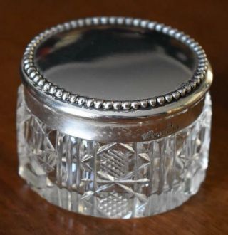 Lovely Antique Sterling Silver Beaded Top Cut Crystal Based Rouge Pot Vanity Jar