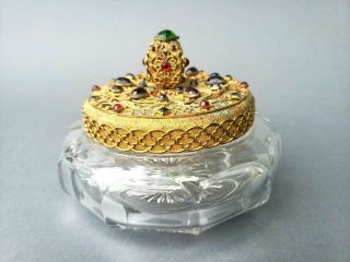 Antique Czech.  Filigree Brass And Glass Jeweled Heisey Glass Dresser Jar