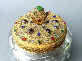 antique Czech.  filigree brass and glass jeweled Heisey glass dresser jar 2