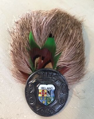 Ireland Hat Pin - Vtg Metal Irish Shield W Feathers & Deer Hair Fur -