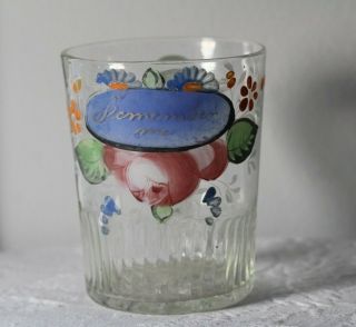 Antique C.  1830 Mold Blown Painted Glass Remember Me Mug