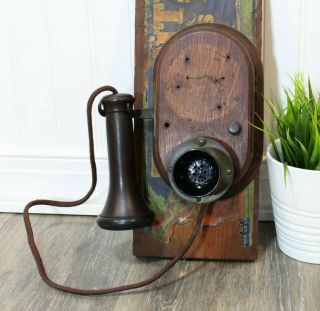 Antique Wall Telephone Oak Wood Candlestick Receiver Oval Phone Cabinet