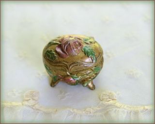 Antique Art Nouveau Gold Ormolu Ring Jewelry Box Painted Roses Velvet Lining