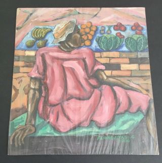Signed Artist Black Americana African Woman Fruit Painting On Paper