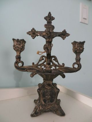 Antique Jesus Christ Religious Christianity Crucifix Candle Holder Shrine - Metal