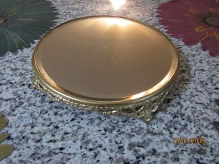 Antique Round Footed Vanity Tray With Old Beveled Mirror