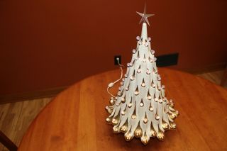 Vintage 20 " Lighted Lava Ceramic Christmas Tree White/gold Globe Pin Lights 1979