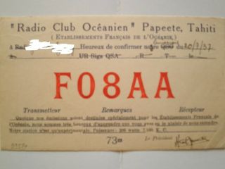 Qsl Card From Radio Station Fo8aa Papeete Tahiti French Polynesia (1937)