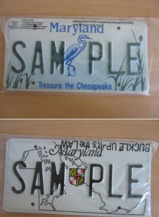 Pair Current Maryland License Plate Samples " Treasure The Chesapeake ",  Standard