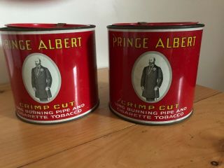 2 Vintage Prince Albert 14 Ounce Crimp Cut Cigarette Tobacco Round Tin Can W Lid