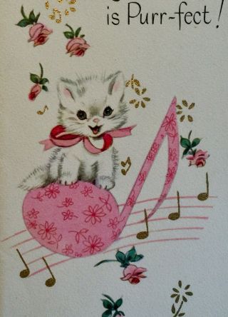 Vintage Greeting Card White Cat Kitten On Pink Music Note Rust Craft M Cooper?