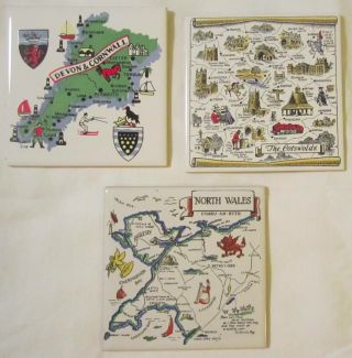 3 Ea.  United Kingdom Souvenirs Ceramic Tiles,  N.  Wales,  Cotswolds,  Devon&cornwall
