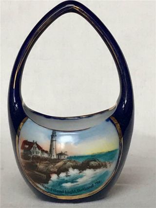 Vintage Cobalt Blue German Porcelain Souvenir Of Portland Maine Lighthouse