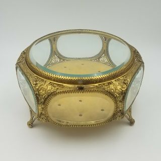 Vintage Mid - Century Filigree Jewelry Casket Box Beveled Glass & Tufted Velvet