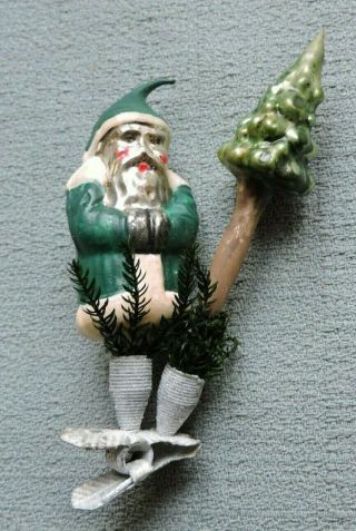 Antique German Glass Christmas Ornament - Santa Next To Tree Clip On - 1940s