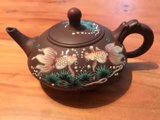 Japanese Petite Ceramic Teapot Brown Glaze Hand Painted With Underwater Goldfish