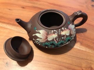 Japanese Petite Ceramic Teapot Brown Glaze Hand Painted with UNDERWATER GOLDFISH 3