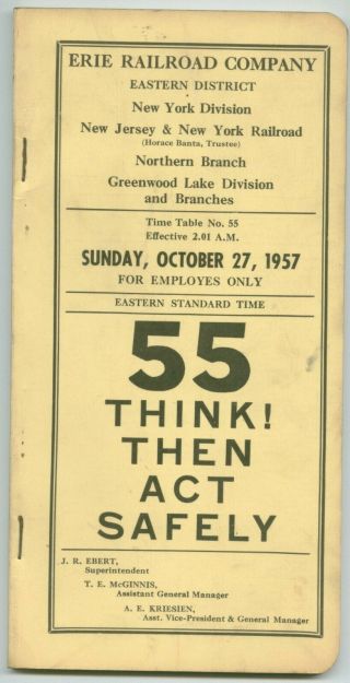 Erie Railroad Co,  Greewnwood Lake Div.  Oct 27,  1957 Empoye Time - Table No.  55 Est