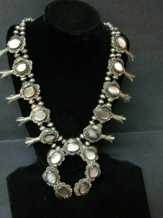 Vtg.  Native American Squash Blossom Silver/black Mother Of Pearl Necklace