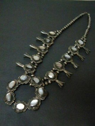 Vtg.  Native American Squash Blossom Silver/Black Mother of Pearl Necklace 2