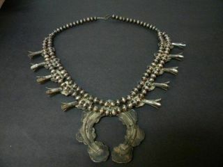 Vtg.  Native American Squash Blossom Silver/Black Mother of Pearl Necklace 8
