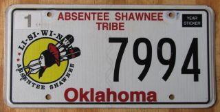 Oklahoma Absentee Shawnee Indian Tribe Specialty License Plate 2014 7994