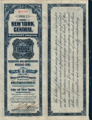 Bond Certificate - York Central Railroad Co.  - 1922 - $1000 Bond