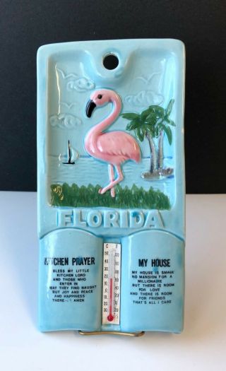 Vintage Flamingo Ceramic Florida Souvenir Hanging Thermometer W Kitchen Prayer