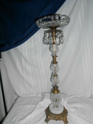 Hollywood Regency Ashtray Floor Stand Diamond Pattern Glass And Hanging Prisms
