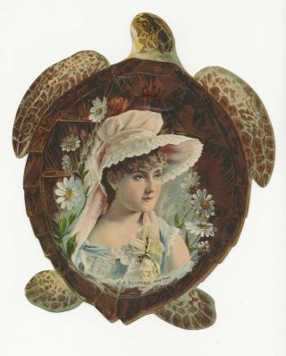 1890s Chromolithoed Pretty Turtle Girl Die Cut Calendar Top 305