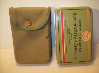 1932 Official Boy Scouts Of America First Aid Kit W/tin,  Pouch,  & Guide Booklet