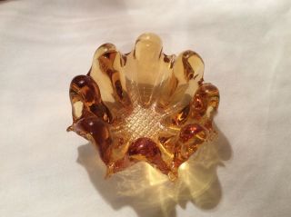Vtg.  Yellow Amber Glass Bowl Like Murano Cigar Ashtray Flower Ash Trinket Tray 3