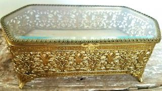Vintage Gold Ormolu Filigree Jewelry Casket Trinket Box Beveled Glass Lid Oblong