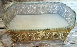 Vintage Gold Ormolu Filigree Jewelry Casket Trinket Box Beveled Glass Lid Oblong 2