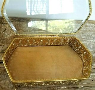 Vintage Gold Ormolu Filigree Jewelry Casket Trinket Box Beveled Glass Lid Oblong 4