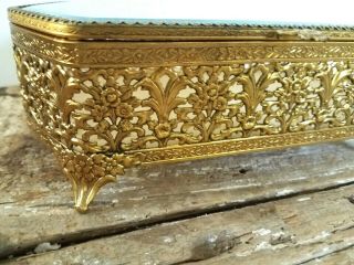 Vintage Gold Ormolu Filigree Jewelry Casket Trinket Box Beveled Glass Lid Oblong 6