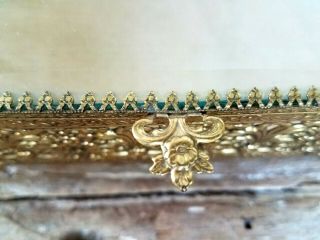 Vintage Gold Ormolu Filigree Jewelry Casket Trinket Box Beveled Glass Lid Oblong 7