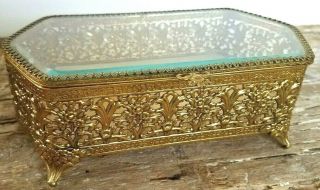 Vintage Gold Ormolu Filigree Jewelry Casket Trinket Box Beveled Glass Lid Oblong 8