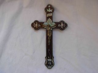 Antique Asian Wood Mother Of Pearl Marquetry Crucifix,  19th Century.
