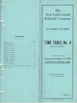 York Central Railroad Southern Division Timetable 4 – September 13,  1925