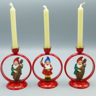 Vintage Hard Plastic Gnome Dwarf Elf Musician Figures Candle Holders Germany