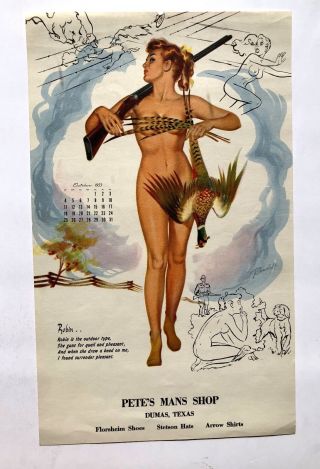 October 1953 Pin Up Girl Calendar Page By Bill Randall Nude Pheasant Hunter