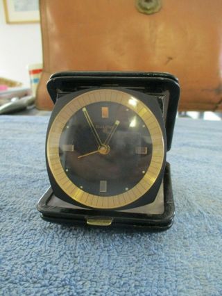 Vintage Mid Century Bulova 8 (day) Swiss Made Travel Clock W Leather Case