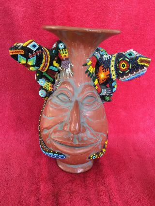 Huichol Mexican Folk Art Mosaic Beaded Bead Lizards Pair Wrapped Face Jug Vase
