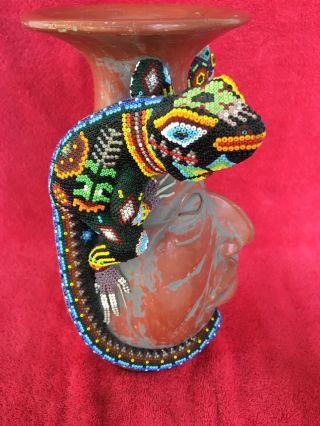 Huichol Mexican Folk Art Mosaic Beaded Bead Lizards Pair Wrapped Face Jug Vase 2