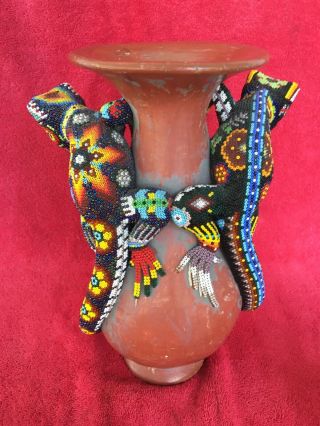 Huichol Mexican Folk Art Mosaic Beaded Bead Lizards Pair Wrapped Face Jug Vase 3
