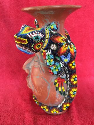 Huichol Mexican Folk Art Mosaic Beaded Bead Lizards Pair Wrapped Face Jug Vase 4