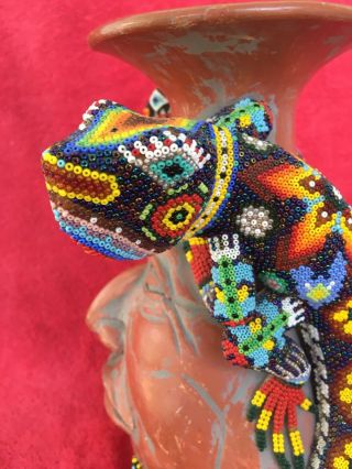 Huichol Mexican Folk Art Mosaic Beaded Bead Lizards Pair Wrapped Face Jug Vase 5
