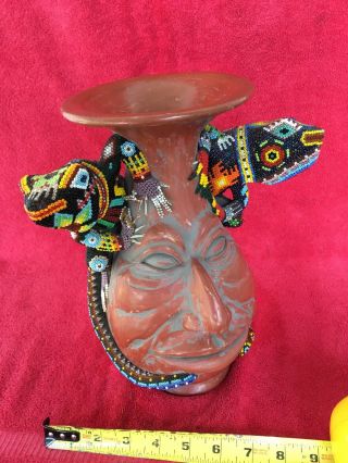 Huichol Mexican Folk Art Mosaic Beaded Bead Lizards Pair Wrapped Face Jug Vase 7