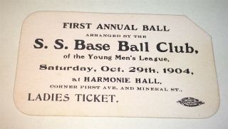 Rare Antique American Baseball Club Young Men ' s League Ball,  Ladies Ticket 1904 2